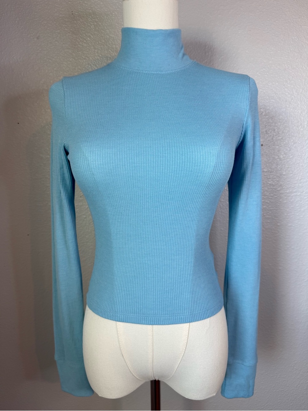 American Eagle Blue Waffle Knit Mock Neck Long Sleeve Top Small